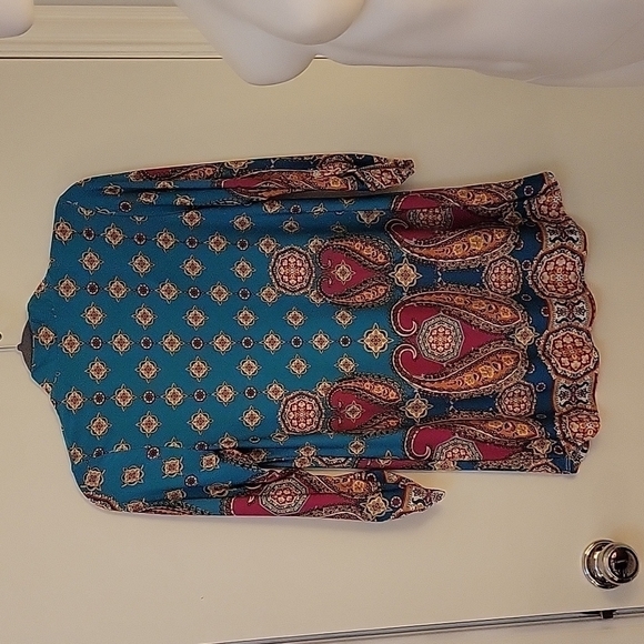 3/$30 NOW N FOREVER Turquoise Paisley Split Neck Half Sleeve Tunic Blouse - Picture 5 of 8